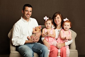Dad, Mom, newborn daughter, and toddler twin daughters family portrait, Photo credit Refuge Photography in Frisco, TX